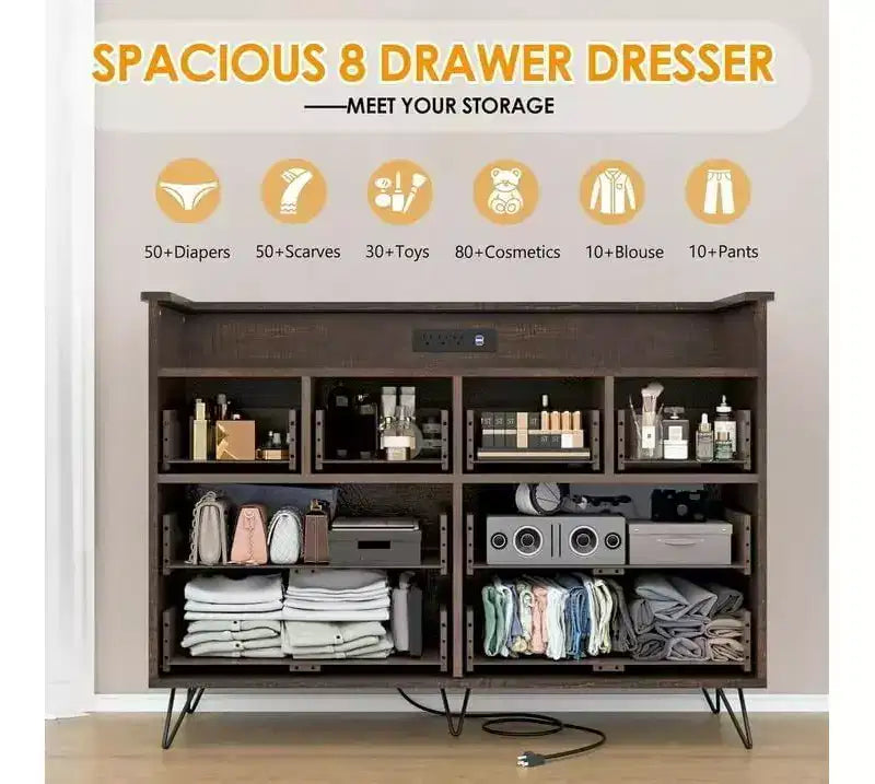 8-Drawer Dresser TV Stand with Charging Station - Black Storage Entertainment Center for Bedroom & Living Room