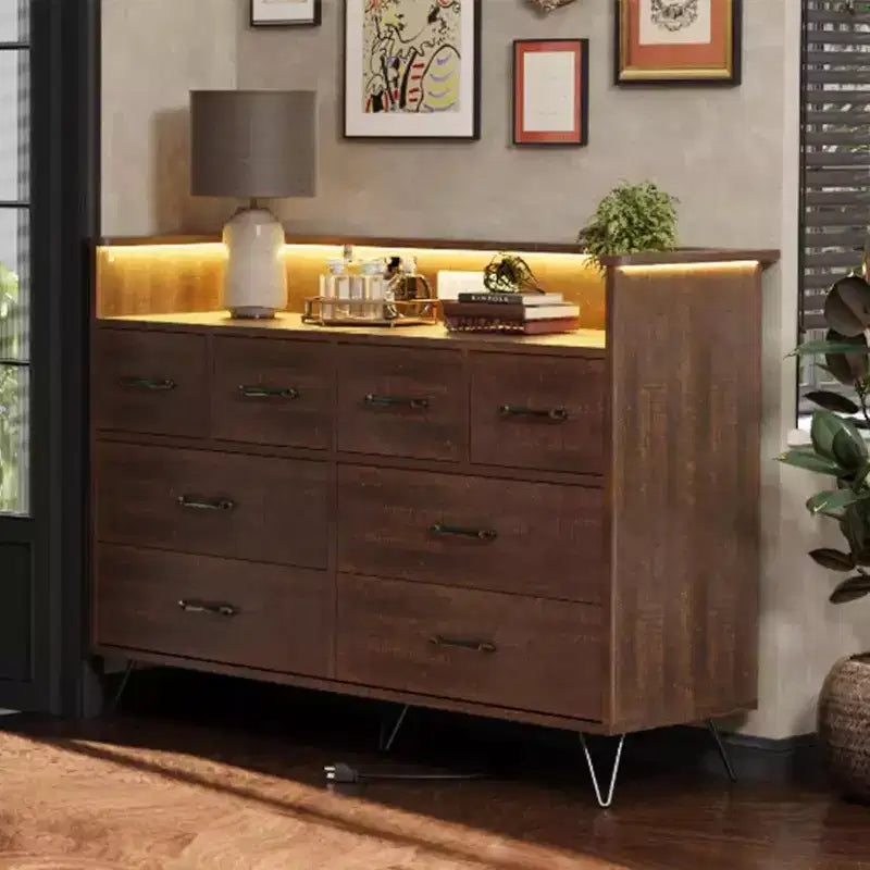 8-Drawer Dresser TV Stand with Charging Station - Black Storage Entertainment Center for Bedroom & Living Room