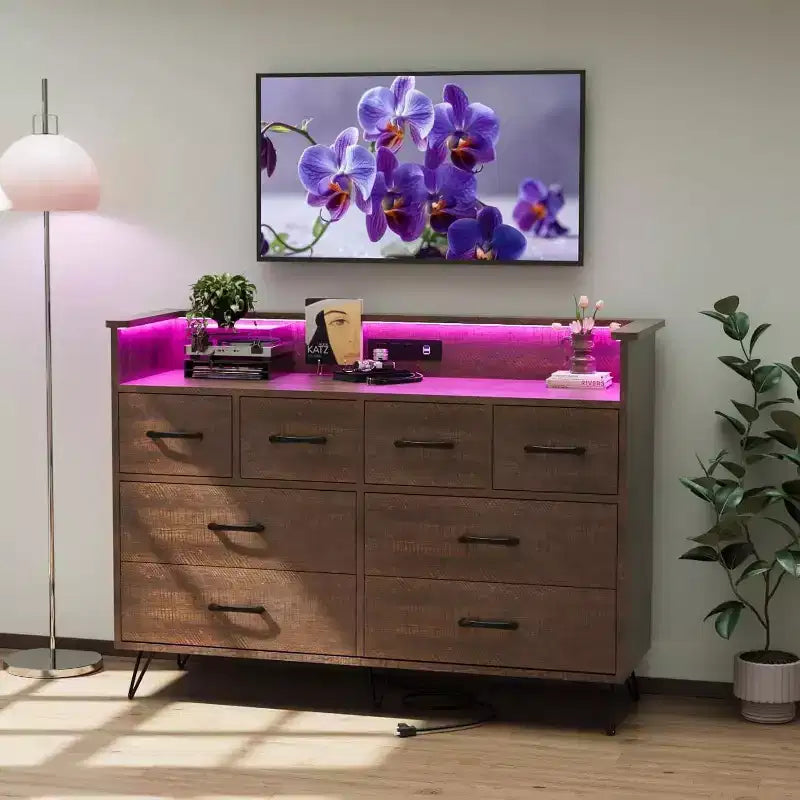 8-Drawer Dresser TV Stand with Charging Station - Black Storage Entertainment Center for Bedroom & Living Room