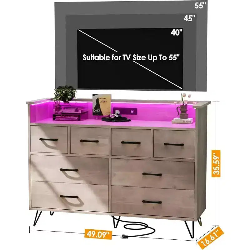 8-Drawer Dresser TV Stand with Charging Station - Black Storage Entertainment Center for Bedroom & Living Room
