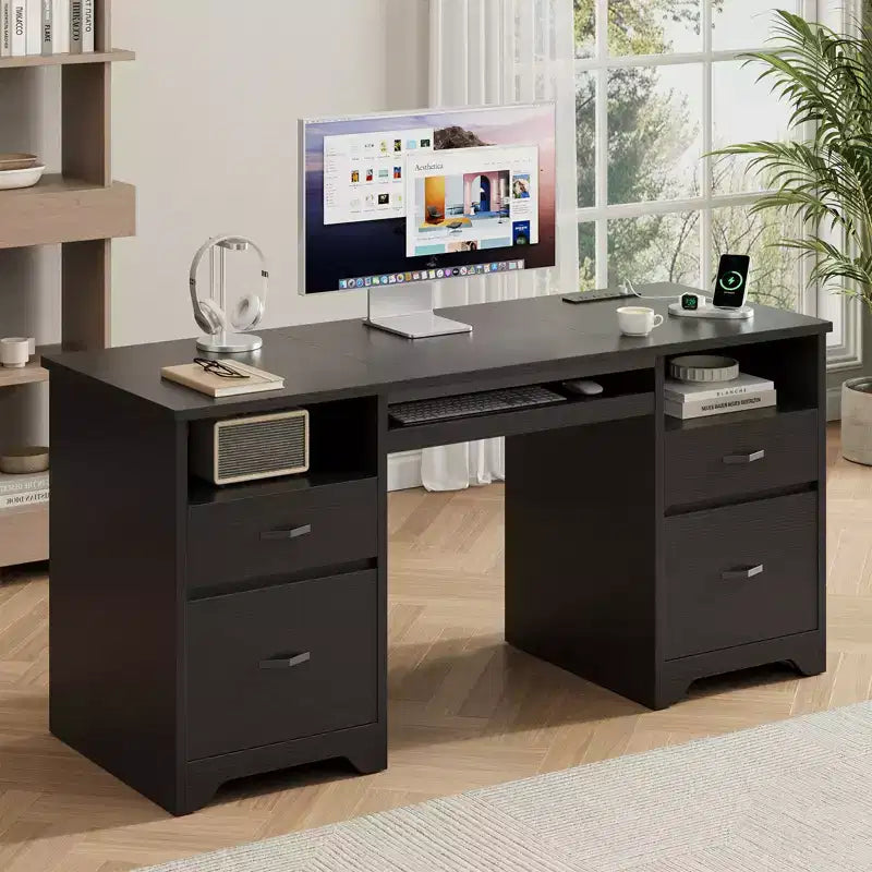 Bestier 59'' Office Desk with Charging Station & Keyboard Tray, Computer Desk with Drawers, Modern Executive Desk for Home office