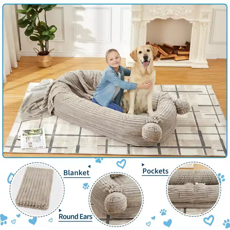 Human Dog Bed, 71''x45''x12'' Large Dog Bed with Blanket, Storage Pockets, Portable Handle, Removable Cover, Human Size Pet Bed for Adult