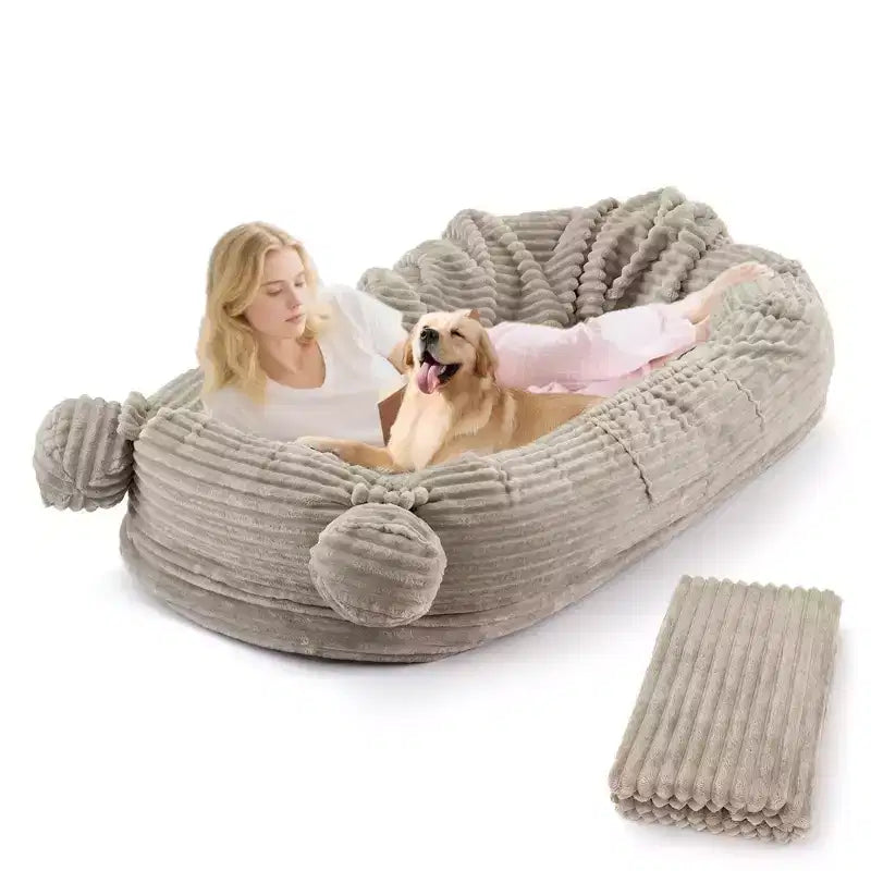 Human Dog Bed, 71''x45''x12'' Large Dog Bed with Blanket, Storage Pockets, Portable Handle, Removable Cover, Human Size Pet Bed for Adult