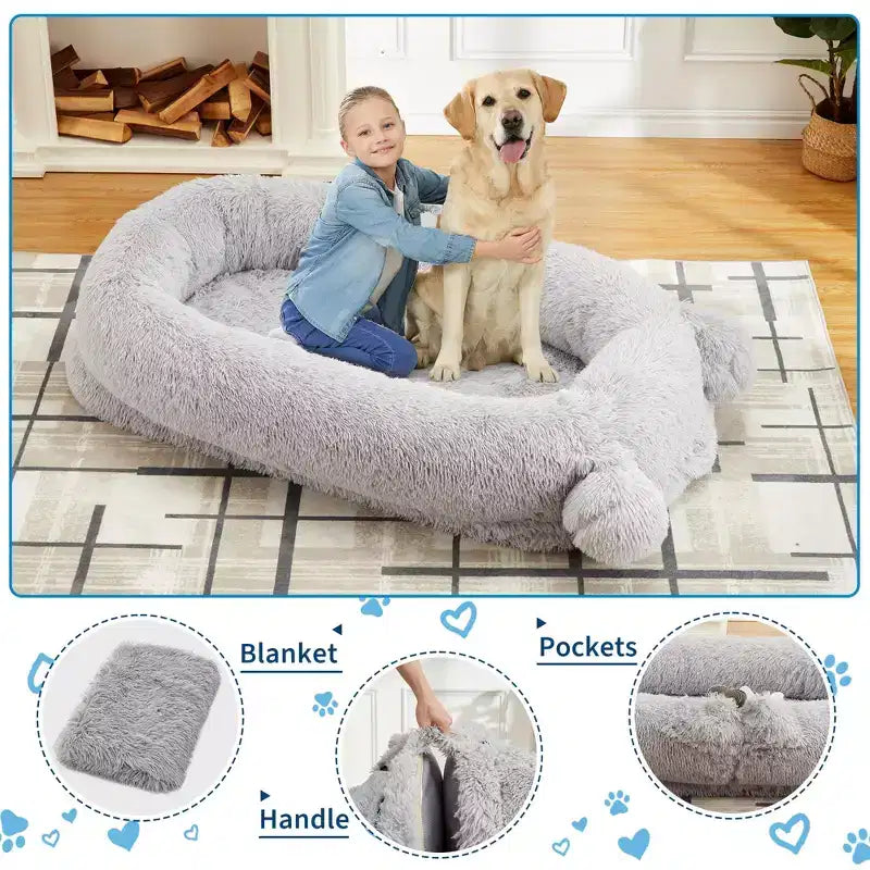 Human Dog Bed, 71''x45''x12'' Large Dog Bed with Blanket, Storage Pockets, Portable Handle, Removable Cover, Human Size Pet Bed for Adult