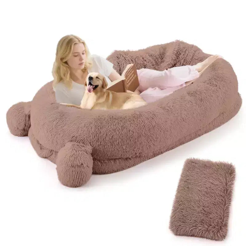 Human Dog Bed, 71''x45''x12'' Large Dog Bed with Blanket, Storage Pockets, Portable Handle, Removable Cover, Human Size Pet Bed for Adult