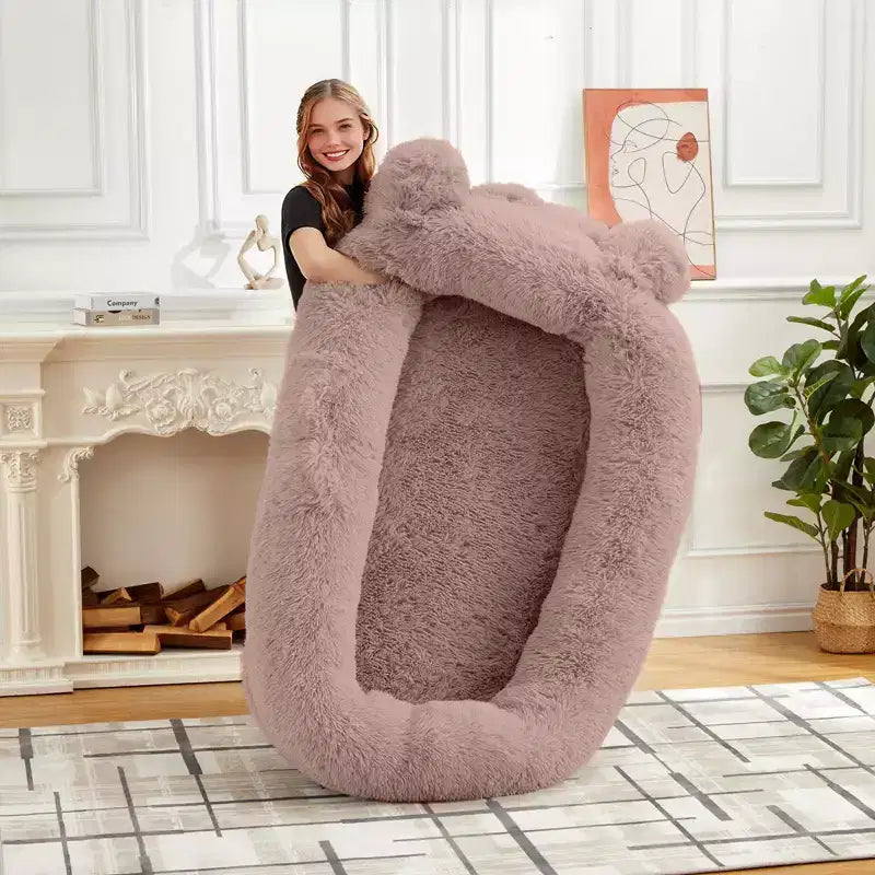 Human Dog Bed, 71''x45''x12'' Large Dog Bed with Blanket, Storage Pockets, Portable Handle, Removable Cover, Human Size Pet Bed for Adult