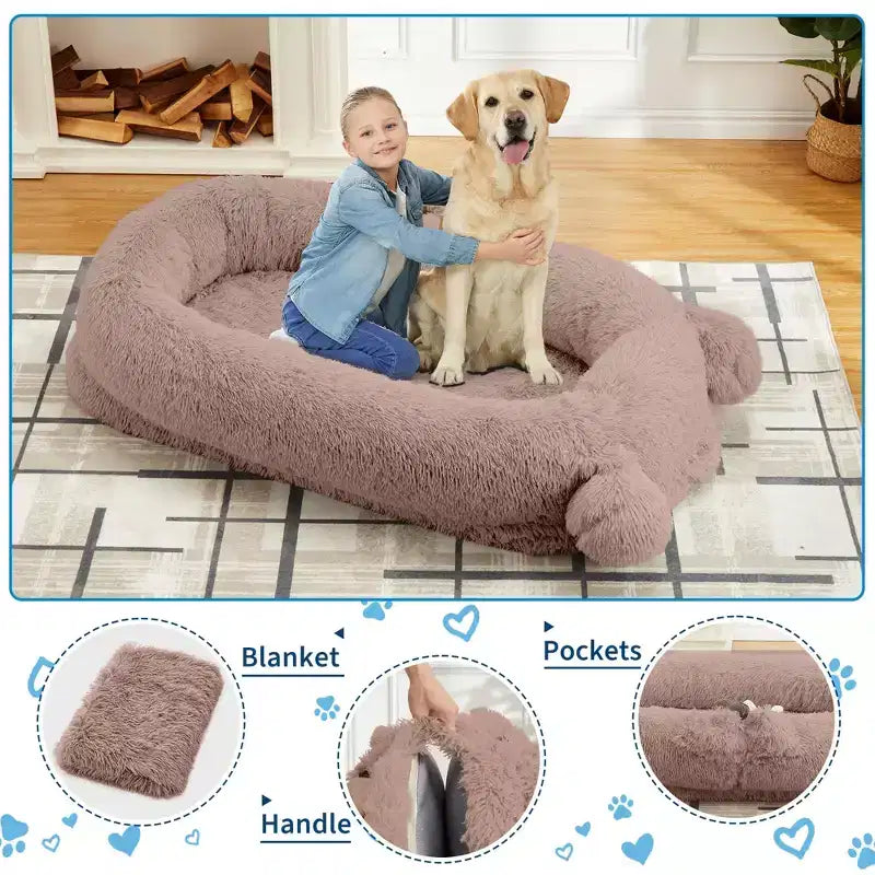 Human Dog Bed, 71''x45''x12'' Large Dog Bed with Blanket, Storage Pockets, Portable Handle, Removable Cover, Human Size Pet Bed for Adult