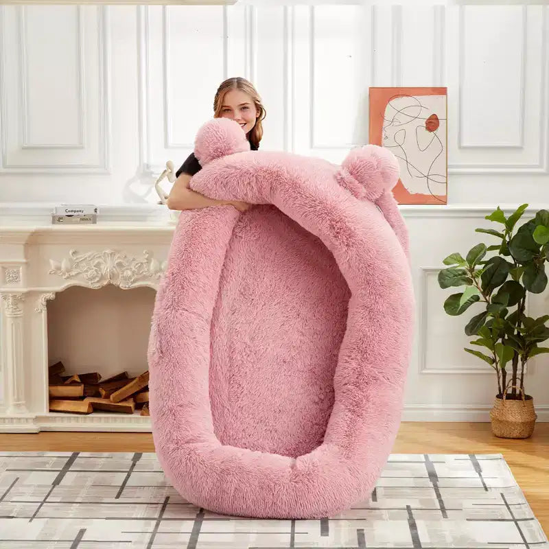 Human Dog Bed, 71''x45''x12'' Large Dog Bed with Blanket, Storage Pockets, Portable Handle, Removable Cover, Human Size Pet Bed for Adult