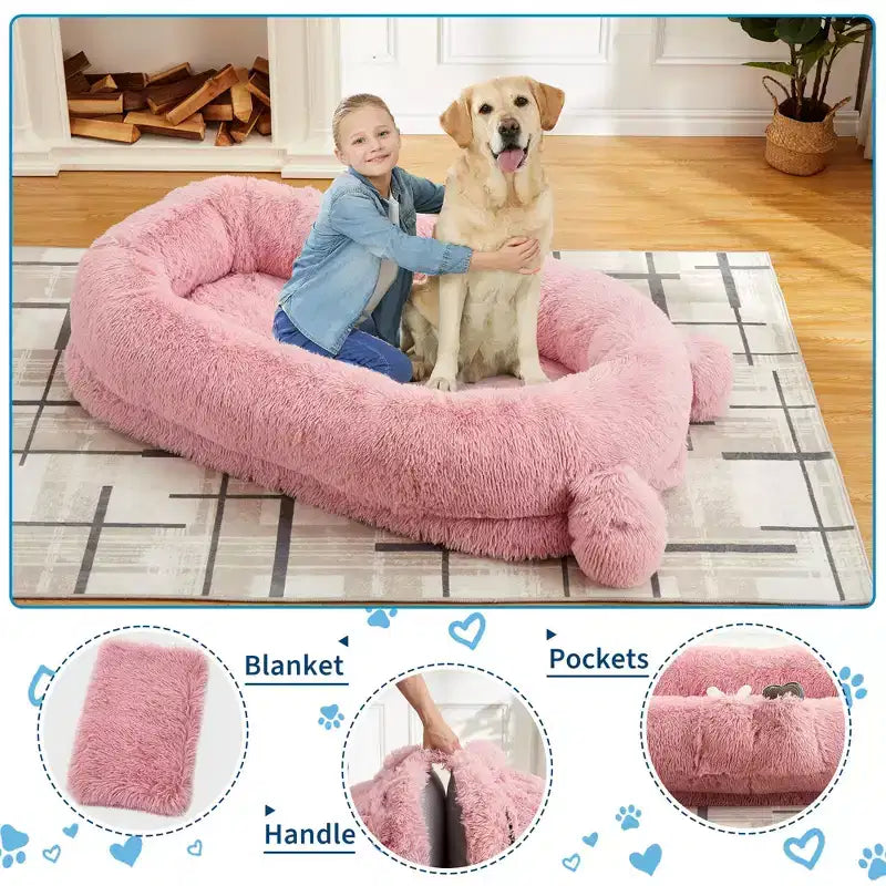 Human Dog Bed, 71''x45''x12'' Large Dog Bed with Blanket, Storage Pockets, Portable Handle, Removable Cover, Human Size Pet Bed for Adult