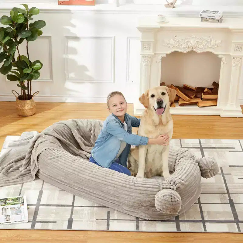 Human Dog Bed, 71''x45''x12'' Large Dog Bed with Blanket, Storage Pockets, Portable Handle, Removable Cover, Human Size Pet Bed for Adult