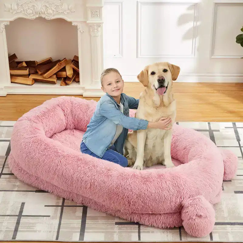 Human Dog Bed, 71''x45''x12'' Large Dog Bed with Blanket, Storage Pockets, Portable Handle, Removable Cover, Human Size Pet Bed for Adult