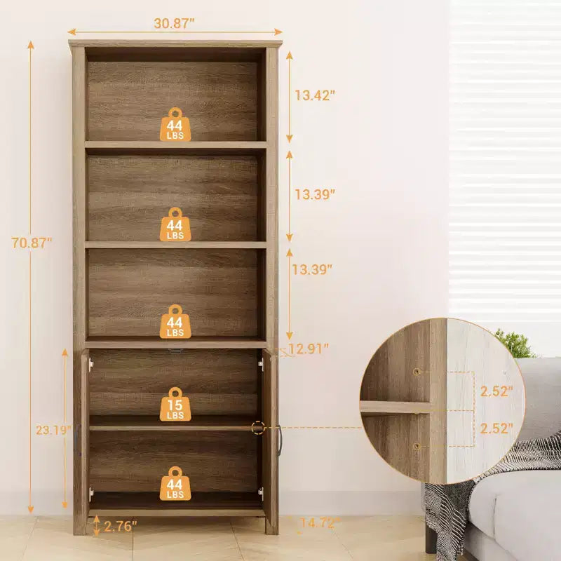 3-Tier Bookshelf, 70'' Tall Bookcase with Doors, Farmhouse Storage Cabinet with Adjustable Shelf and Stable Leg, Floor Standing Display Bookshelves