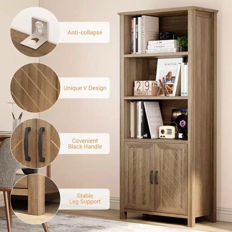 3-Tier Bookshelf, 70'' Tall Bookcase with Doors, Farmhouse Storage Cabinet with Adjustable Shelf and Stable Leg, Floor Standing Display Bookshelves