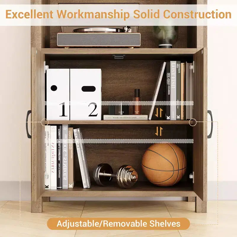 3-Tier Bookshelf, 70'' Tall Bookcase with Doors, Farmhouse Storage Cabinet with Adjustable Shelf and Stable Leg, Floor Standing Display Bookshelves