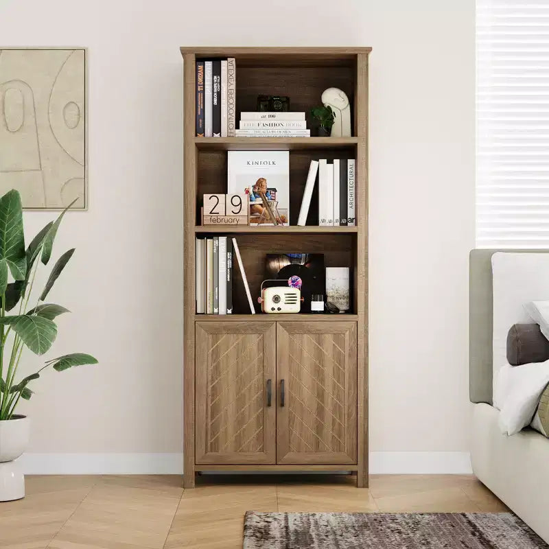 3-Tier Bookshelf, 70'' Tall Bookcase with Doors, Farmhouse Storage Cabinet with Adjustable Shelf and Stable Leg, Floor Standing Display Bookshelves