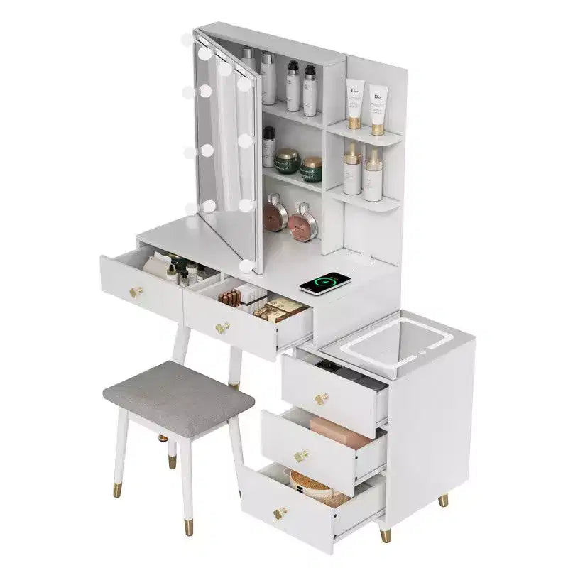 White Linen Particleboard Veneered with Solid Wood Legs with Brass Bushing Trim with LED Tri-tone Panel Vanity Table Set