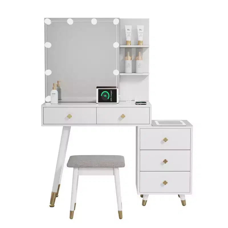 White Linen Particleboard Veneered with Solid Wood Legs with Brass Bushing Trim with LED Tri-tone Panel Vanity Table Set