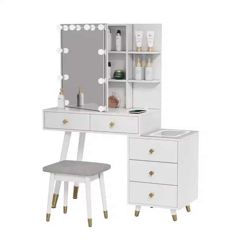 White Linen Particleboard Veneered with Solid Wood Legs with Brass Bushing Trim with LED Tri-tone Panel Vanity Table Set