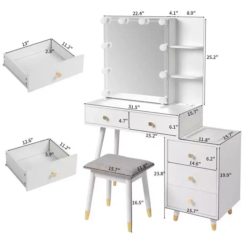 White Linen Particleboard Veneered with Solid Wood Legs with Brass Bushing Trim with LED Tri-tone Panel Vanity Table Set