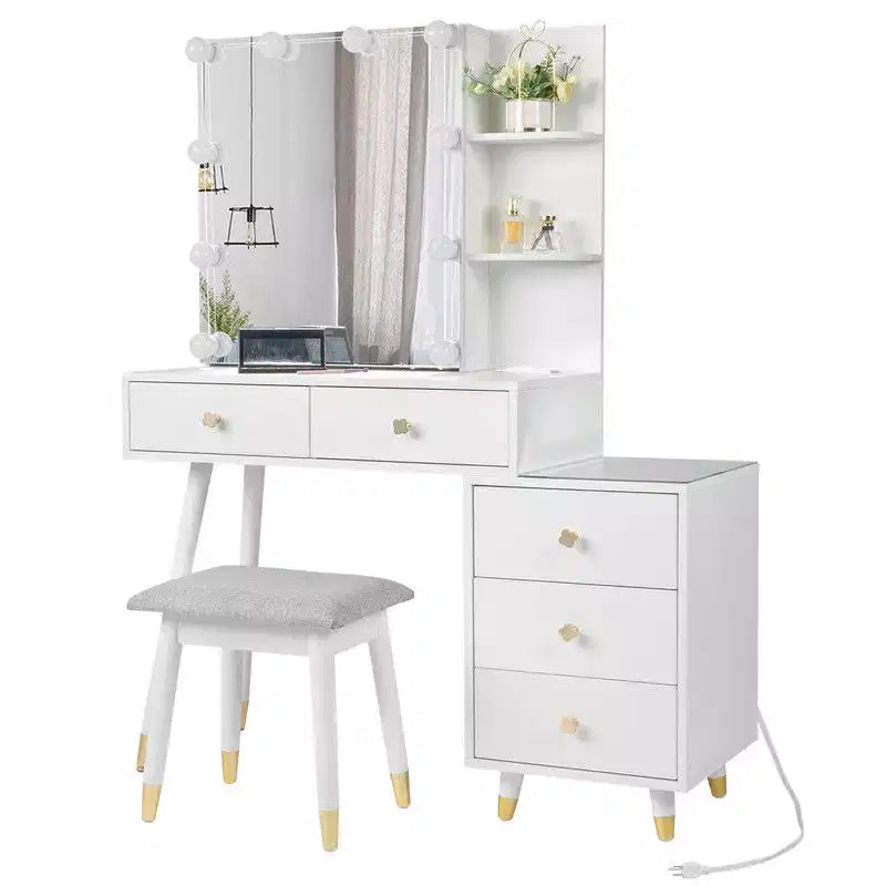 White Linen Particleboard Veneered with Solid Wood Legs with Brass Bushing Trim with LED Tri-tone Panel Vanity Table Set