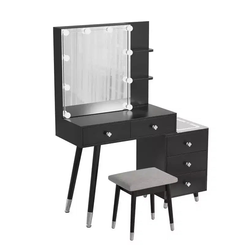 White Linen Particleboard Veneered with Solid Wood Legs with Brass Bushing Trim with LED Tri-tone Panel Vanity Table Set