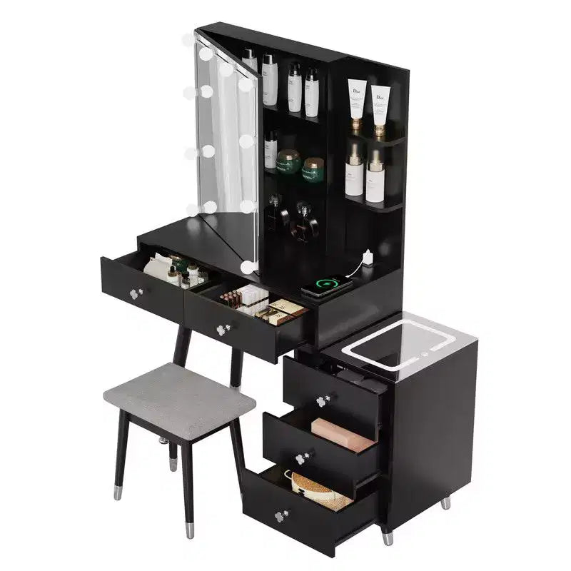 White Linen Particleboard Veneered with Solid Wood Legs with Brass Bushing Trim with LED Tri-tone Panel Vanity Table Set