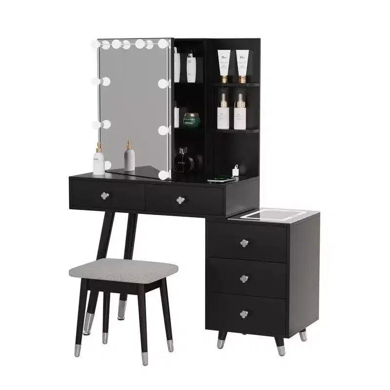 White Linen Particleboard Veneered with Solid Wood Legs with Brass Bushing Trim with LED Tri-tone Panel Vanity Table Set