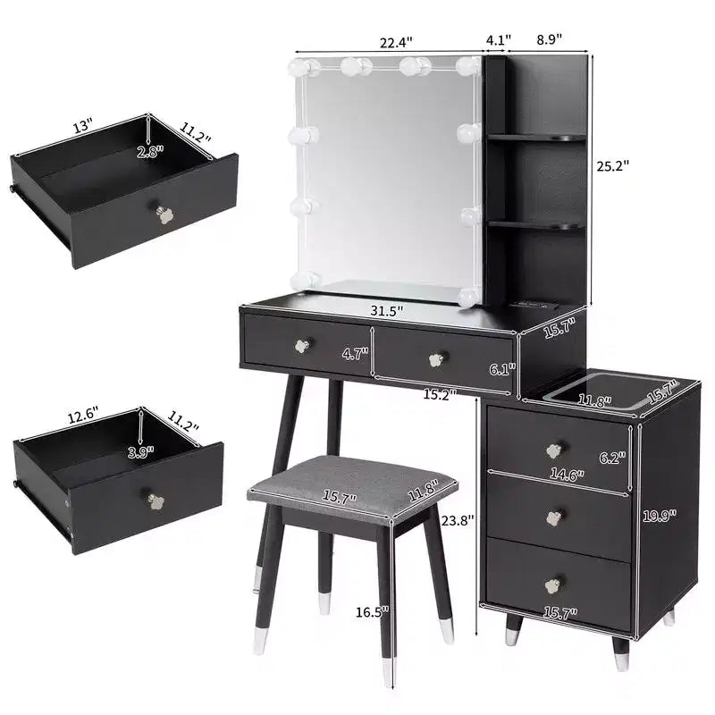 White Linen Particleboard Veneered with Solid Wood Legs with Brass Bushing Trim with LED Tri-tone Panel Vanity Table Set