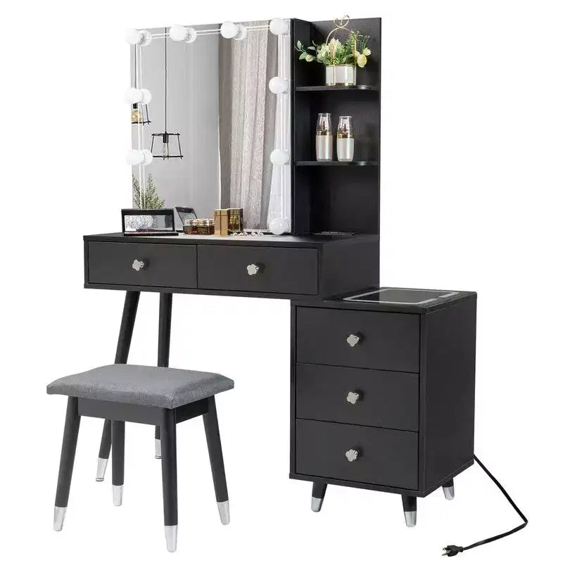 White Linen Particleboard Veneered with Solid Wood Legs with Brass Bushing Trim with LED Tri-tone Panel Vanity Table Set