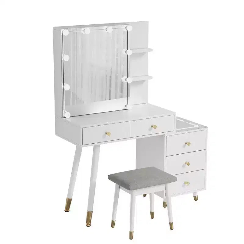 White Linen Particleboard Veneered with Solid Wood Legs with Brass Bushing Trim with LED Tri-tone Panel Vanity Table Set