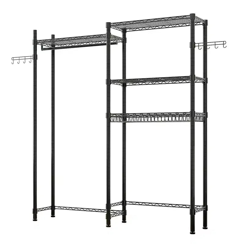 Karl Home Black Iron Open Wardrobe with Double Rows Rails & Mesh Baskets 57.1x13.8x76.8 Inches