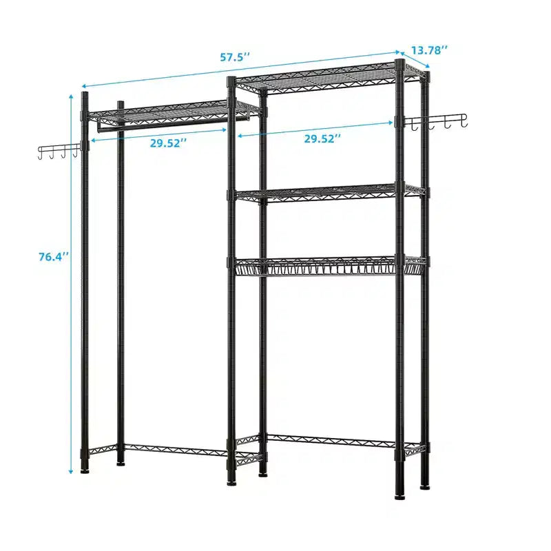Karl Home Black Iron Open Wardrobe with Double Rows Rails & Mesh Baskets 57.1x13.8x76.8 Inches
