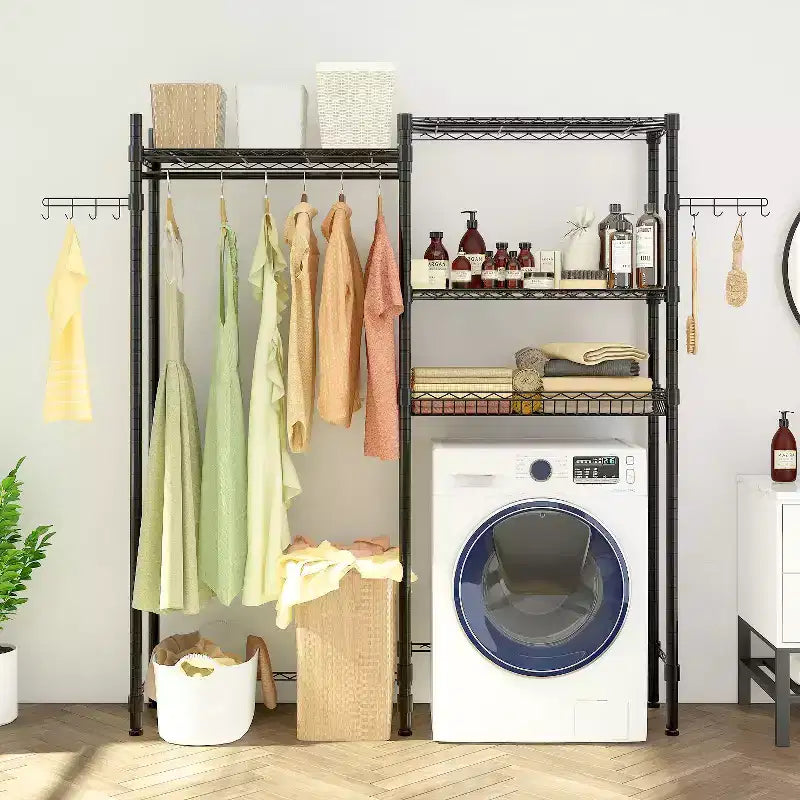 Karl Home Black Iron Open Wardrobe with Double Rows Rails & Mesh Baskets 57.1x13.8x76.8 Inches