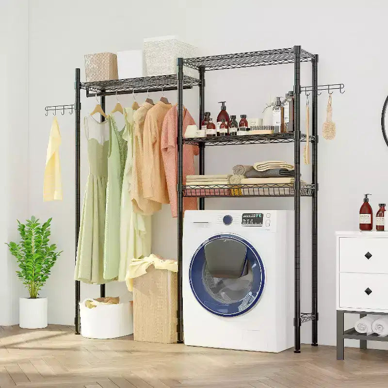 Karl Home Black Iron Open Wardrobe with Double Rows Rails & Mesh Baskets 57.1x13.8x76.8 Inches