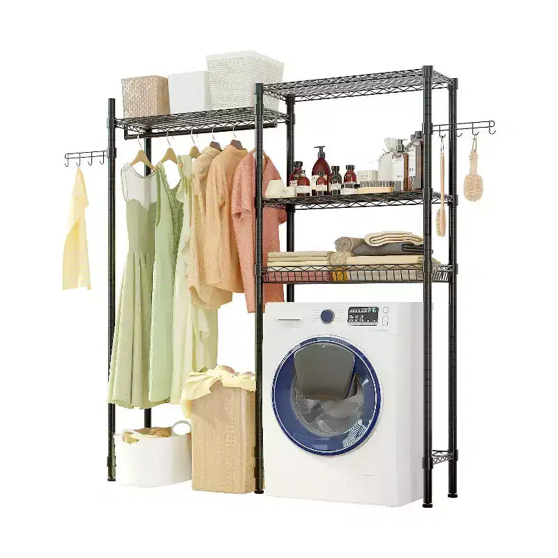Karl Home Black Iron Open Wardrobe with Double Rows Rails & Mesh Baskets 57.1x13.8x76.8 Inches