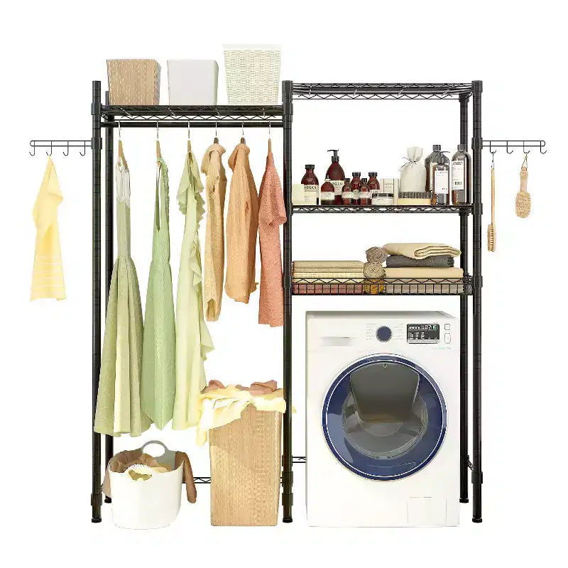 Karl Home Black Iron Open Wardrobe with Double Rows Rails & Mesh Baskets 57.1x13.8x76.8 Inches