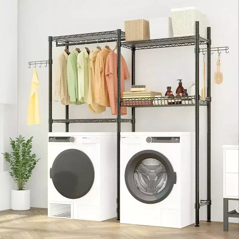 Karl Home Black Iron Open Wardrobe with Double Rows Rails & Mesh Baskets 57.1x13.8x76.8 Inches