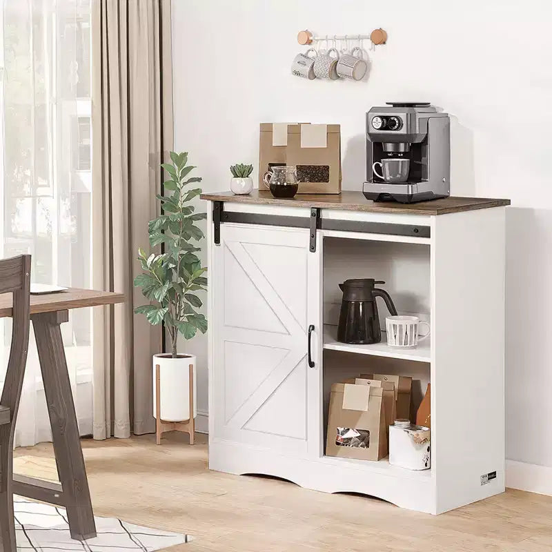 VEVOR Coffee Bar Cabinet, 31.5 x 13.8 x 31.5 in Farmhouse Coffee Bar Cabinet with 3-Tier Storage, Coffee Bar Table with Barn Door, White