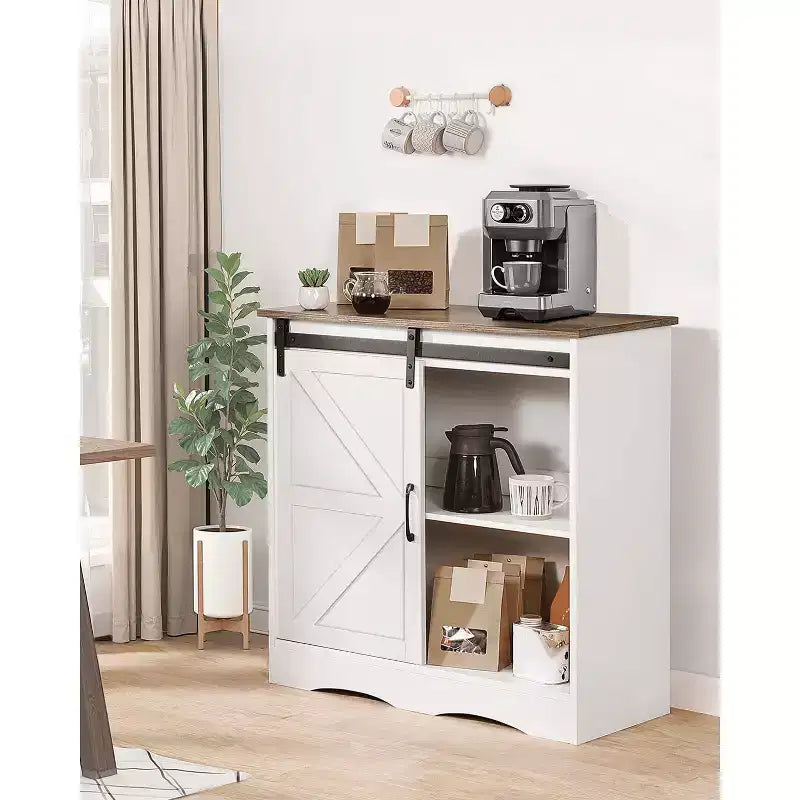 VEVOR Coffee Bar Cabinet, 31.5 x 13.8 x 31.5 in Farmhouse Coffee Bar Cabinet with 3-Tier Storage, Coffee Bar Table with Barn Door, White