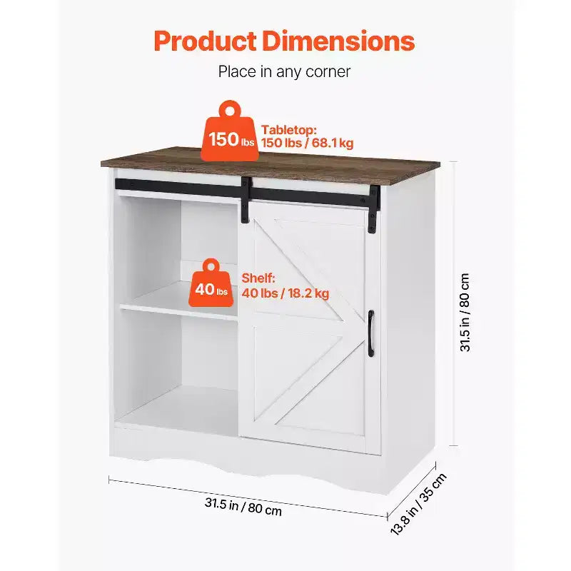 VEVOR Coffee Bar Cabinet, 31.5 x 13.8 x 31.5 in Farmhouse Coffee Bar Cabinet with 3-Tier Storage, Coffee Bar Table with Barn Door, White