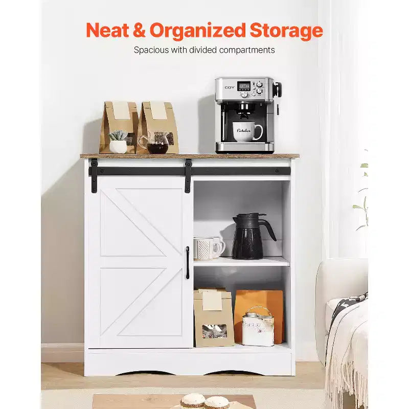 VEVOR Coffee Bar Cabinet, 31.5 x 13.8 x 31.5 in Farmhouse Coffee Bar Cabinet with 3-Tier Storage, Coffee Bar Table with Barn Door, White
