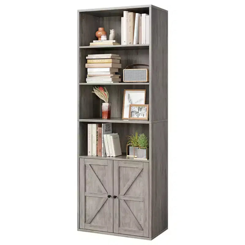 71.4 Tall Farmhouse 6-Shelf Wooden Bookcase with Doors, Industrial Display Storage for Bedroom, Living Room & Office