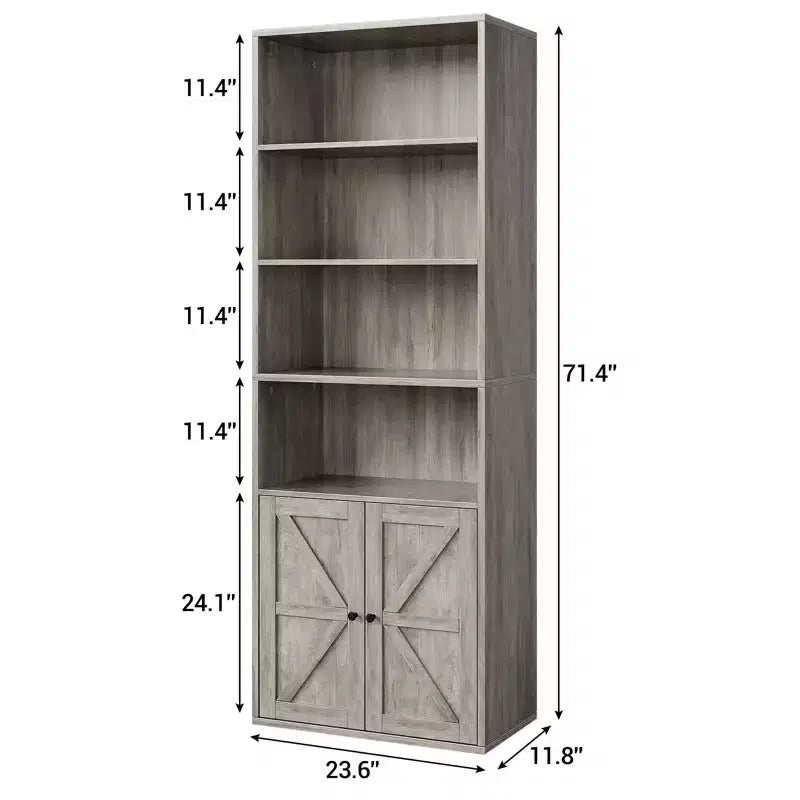 71.4 Tall Farmhouse 6-Shelf Wooden Bookcase with Doors, Industrial Display Storage for Bedroom, Living Room & Office