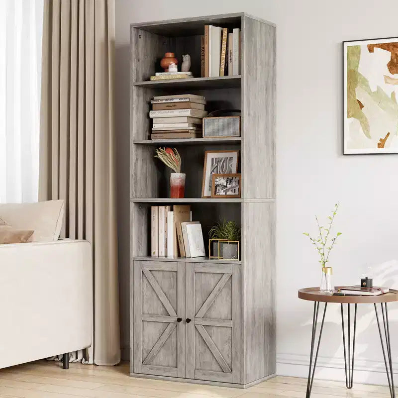 71.4 Tall Farmhouse 6-Shelf Wooden Bookcase with Doors, Industrial Display Storage for Bedroom, Living Room & Office