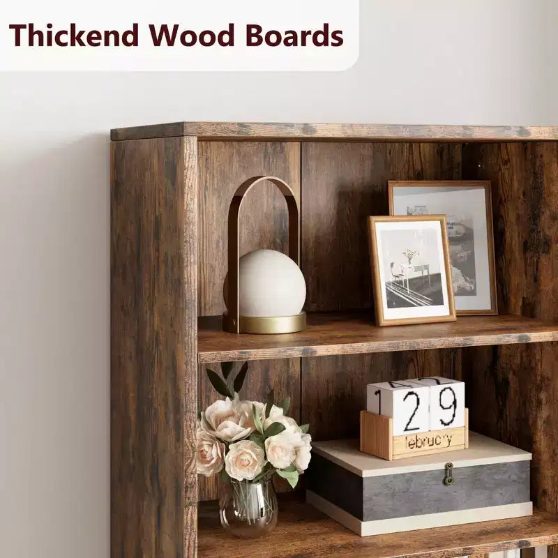 71.4 Tall Farmhouse 6-Shelf Wooden Bookcase with Doors, Industrial Display Storage for Bedroom, Living Room & Office