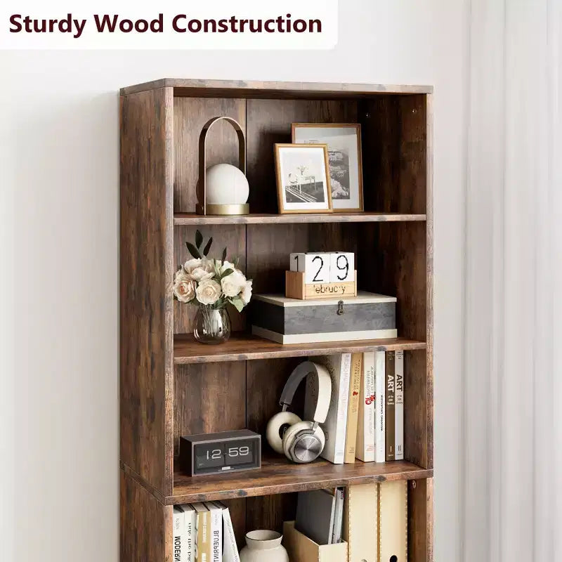 71.4 Tall Farmhouse 6-Shelf Wooden Bookcase with Doors, Industrial Display Storage for Bedroom, Living Room & Office