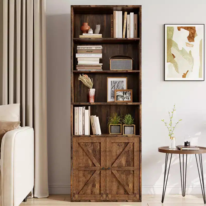 71.4 Tall Farmhouse 6-Shelf Wooden Bookcase with Doors, Industrial Display Storage for Bedroom, Living Room & Office
