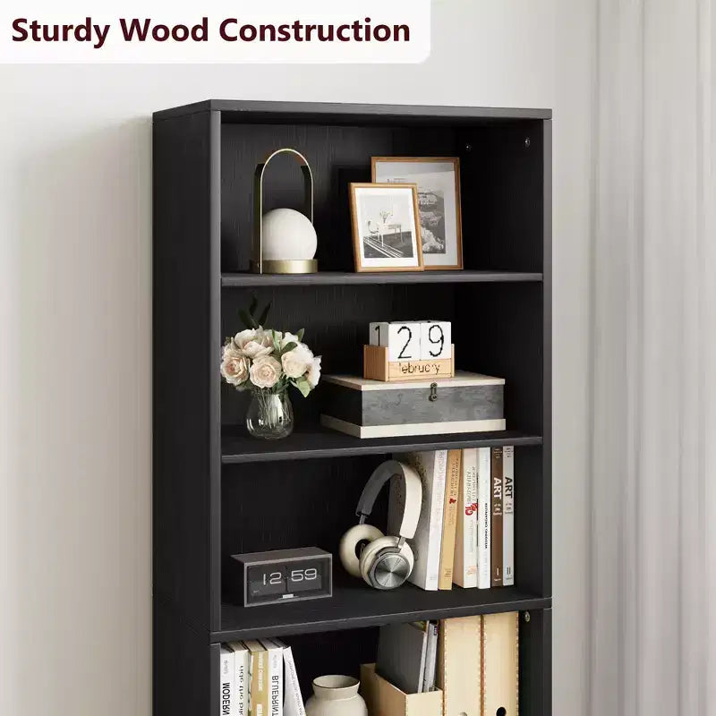 71.4 Tall Farmhouse 6-Shelf Wooden Bookcase with Doors, Industrial Display Storage for Bedroom, Living Room & Office