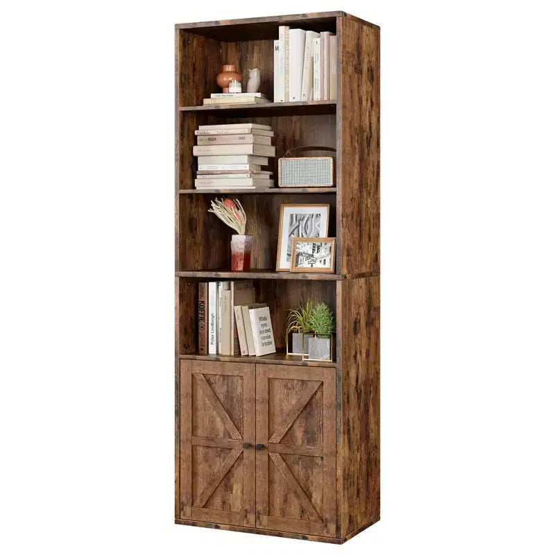 71.4 Tall Farmhouse 6-Shelf Wooden Bookcase with Doors, Industrial Display Storage for Bedroom, Living Room & Office