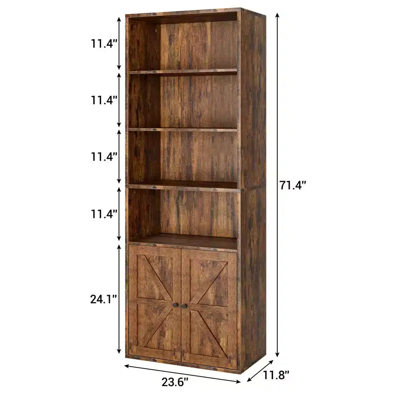71.4 Tall Farmhouse 6-Shelf Wooden Bookcase with Doors, Industrial Display Storage for Bedroom, Living Room & Office